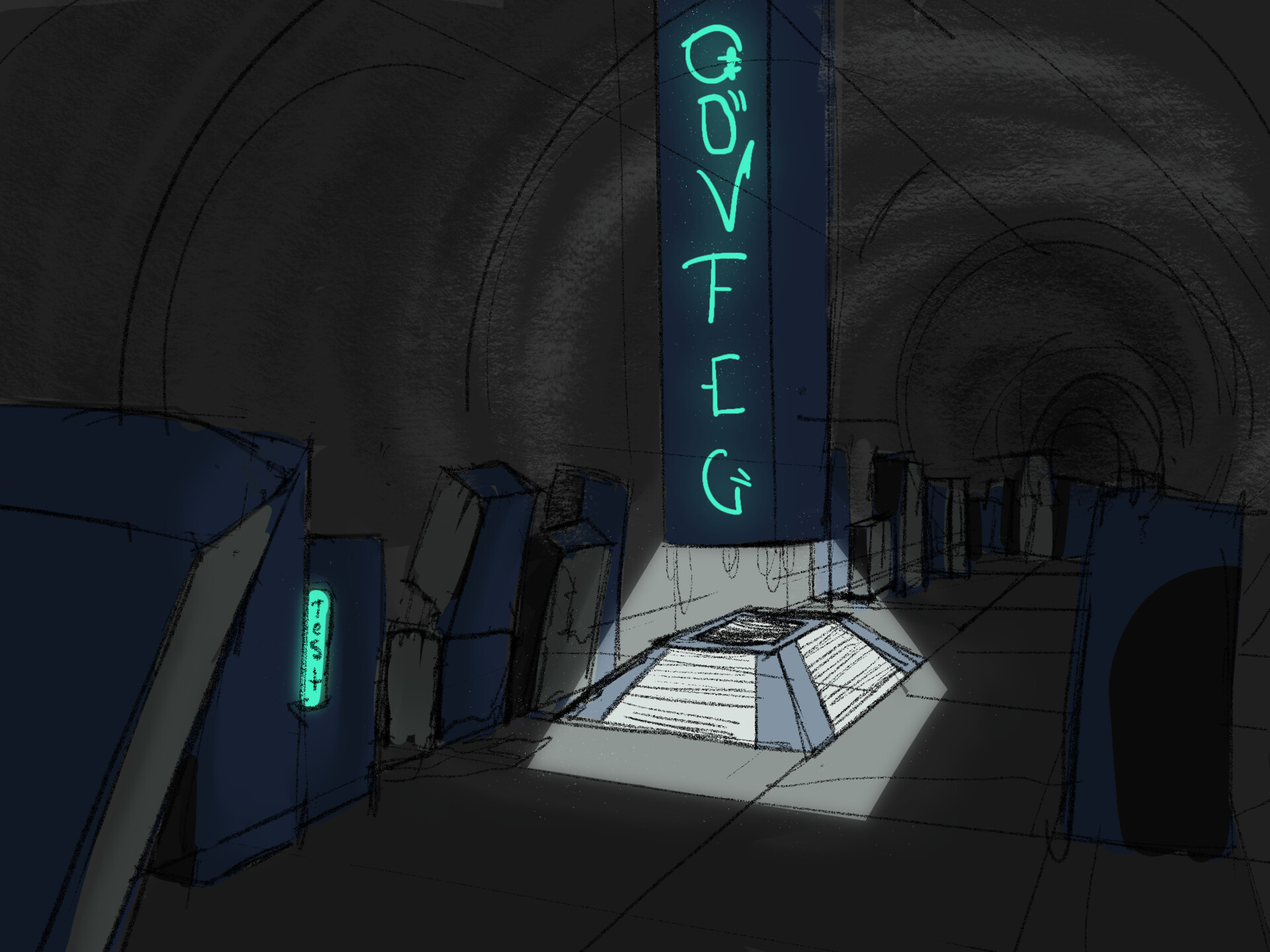 Illustrated vault interior with a glowing turquoise rune pillar