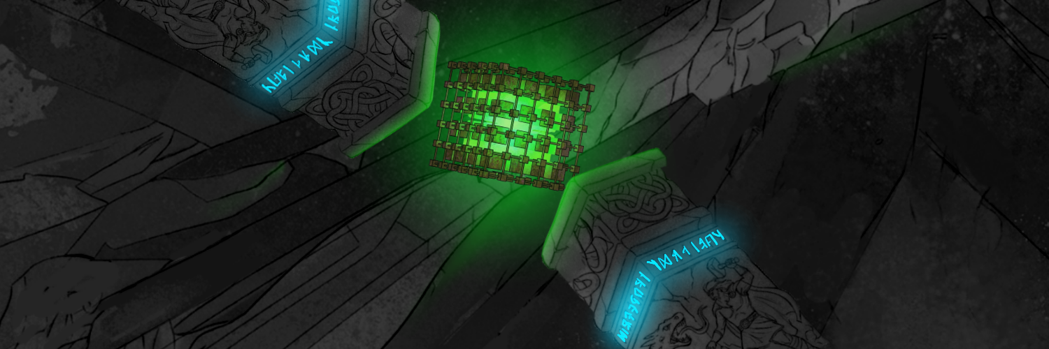 Glowing green vault cube between rune-carved pillars